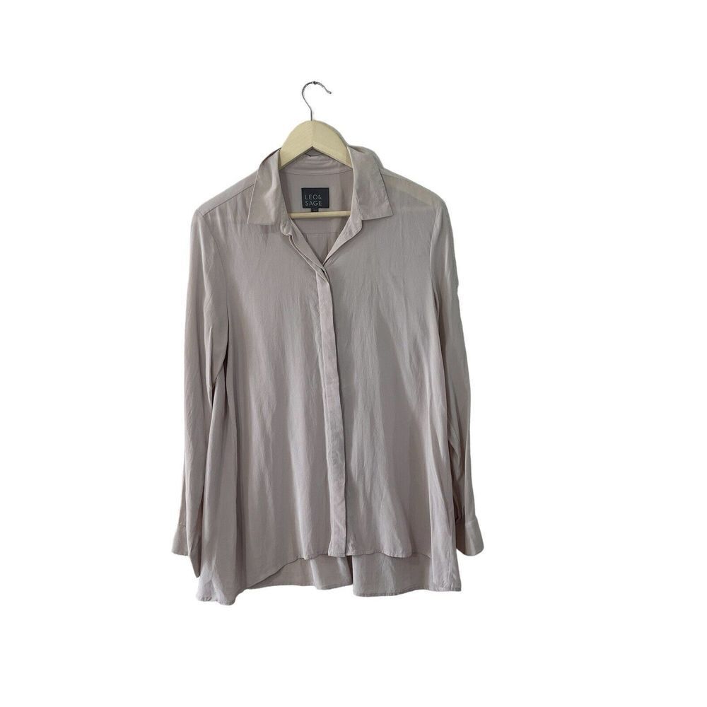 Leo & Sage 100% Silk Tunic Blouse Womens Large Button Front Long Sleeve Top